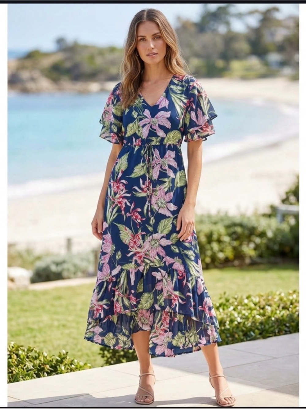 Notations Navy Floral Flutter Sleeve Midi Dress with Ruffle Hem